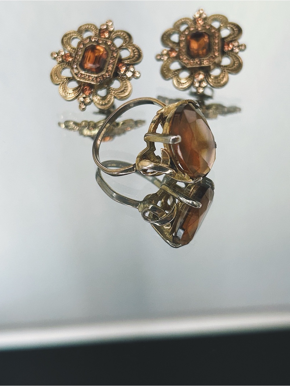 Vintage-Brown Gemstone Ring and Earrings Set